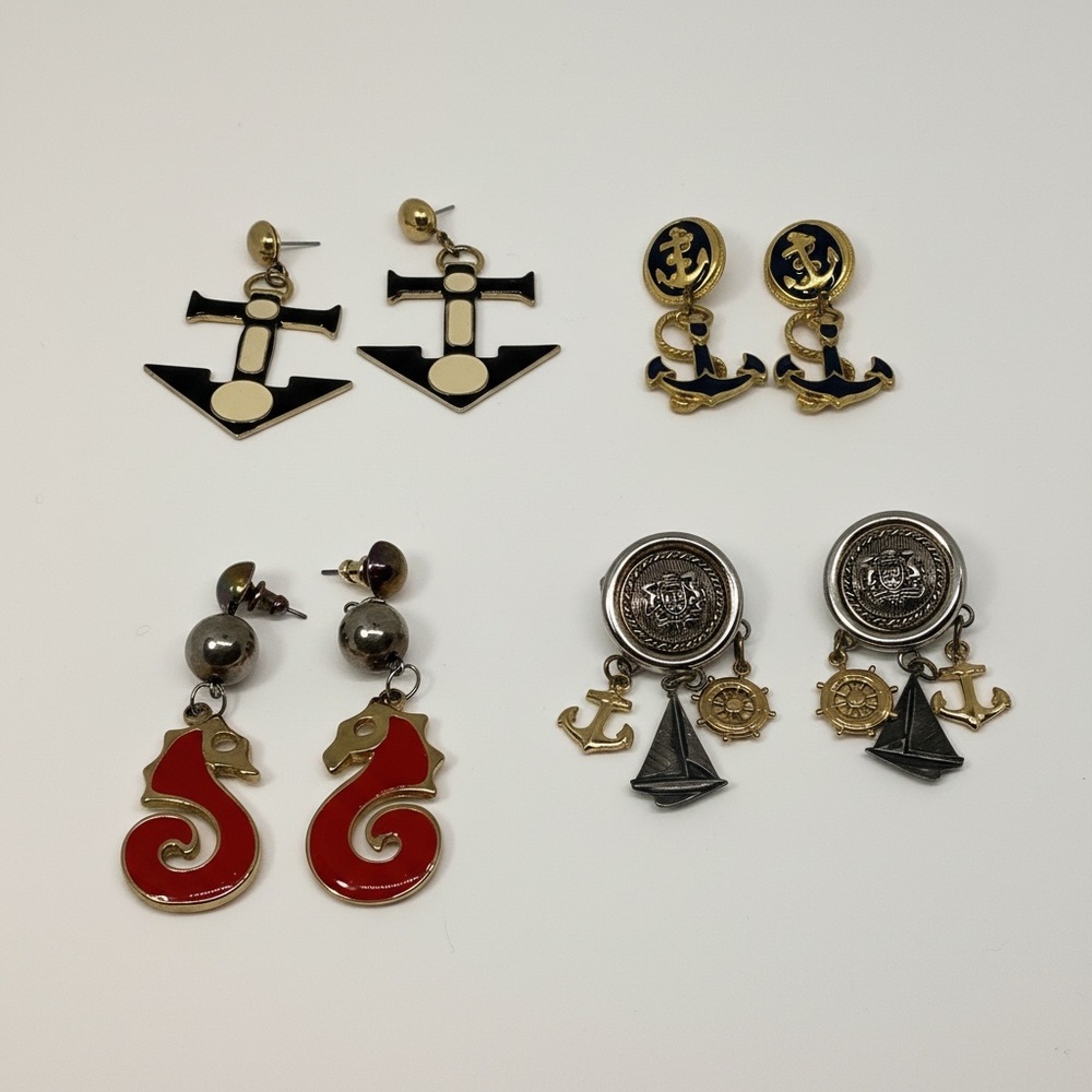 VTG Nautical Earrings Lot Anchor Sailboat Seahorse Enamel 80s Gold Tone Dangle
